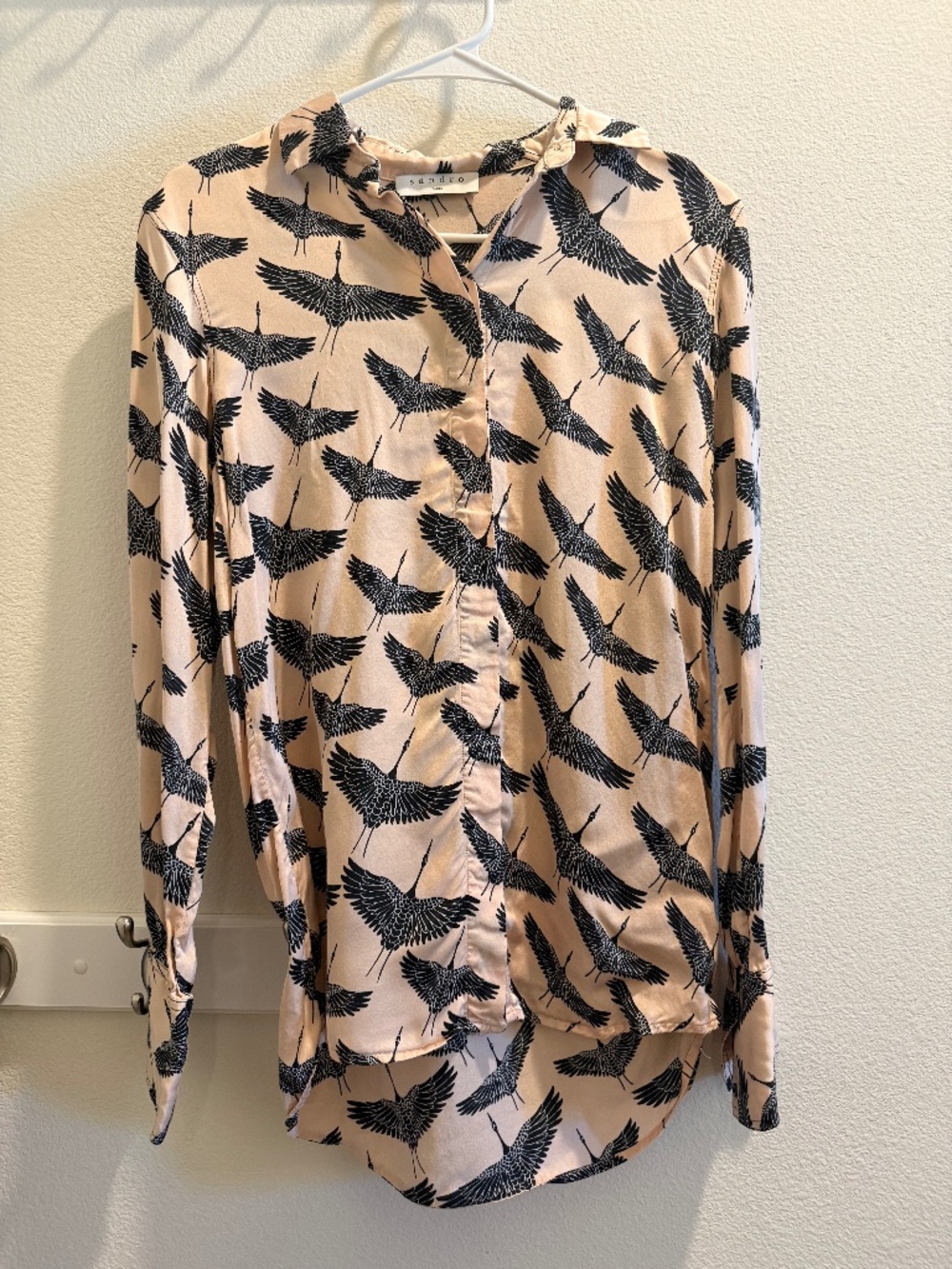 Light Pink Crane Bird Print Button Down Blouse